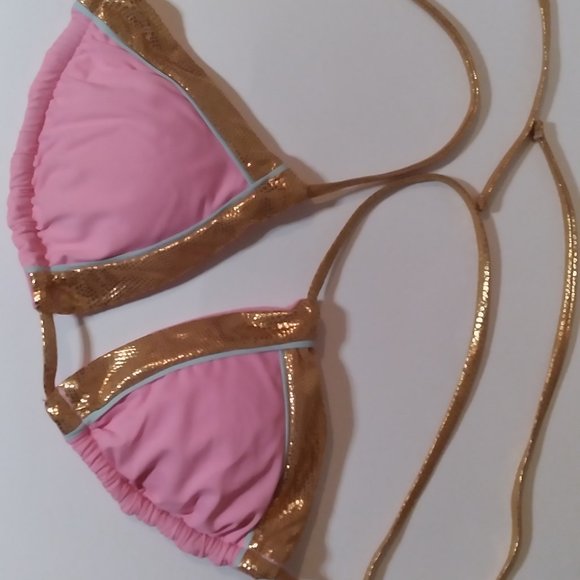 The Bikini Lab Triangle Bikini Swimsuit Top. Pink with Gold trim, size Med NWOT - Picture 2 of 7
